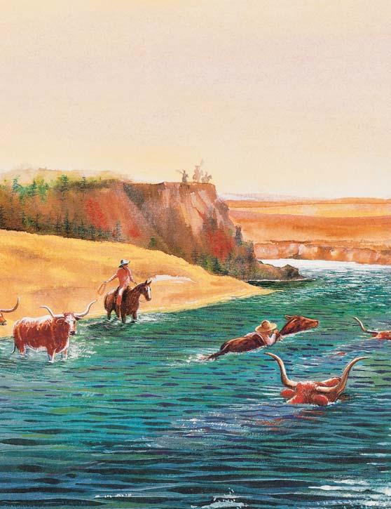 When the herd came to a big river, the cowboys in front galloped right into the water. The cattle plunged in after them. The cattle swam mostly under water.
