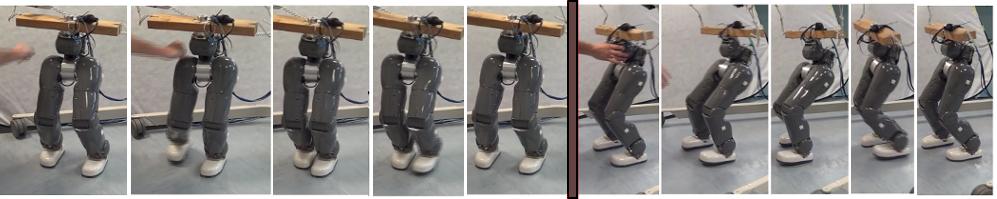 Fig. 7. On the left: after a lateral push the robot performs a sequence of two steps. On the right: after a frontal push the robot decides to perform a single step backwards.