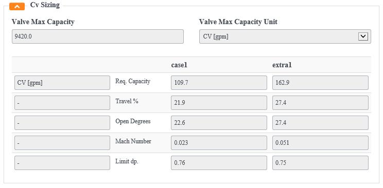 Cv sizing (gas/vapor) For gas/vapor flows, the Valve Max Capacity C V [gpm] is computed in the Cv Sizing area and the following output of the valve sizing procedure is shown for each process case