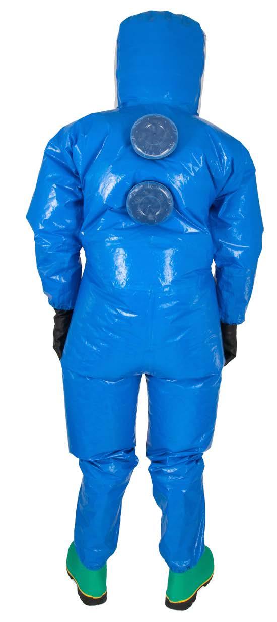 Suit Features: Air drawn through the filters enters through a breathing tube in the hood and exits through exhaust valves in the knees, providing a cooling air stream across the body Chest zip with