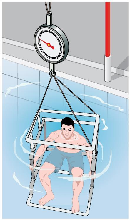 FIGURE 11.24 Subject in a fat tank, where he is weighed while completely submerged as part of a body density determination.