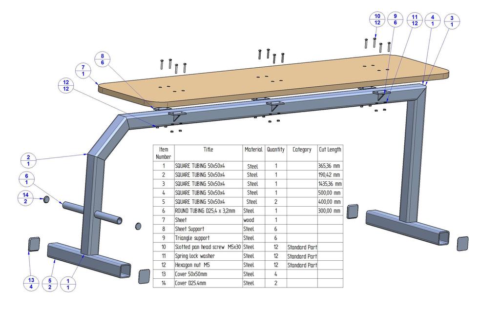 1. Flat Bench Subassembly Parts List and 2D