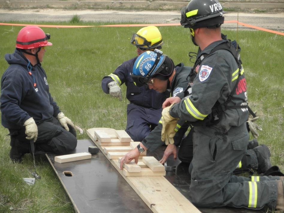 Step 6: Once the dimensions of the trench have been determined, rescuers can start prefabricating the strongbacks with scabs. Scabs are used to hold the shores in place so they can be set and secured.