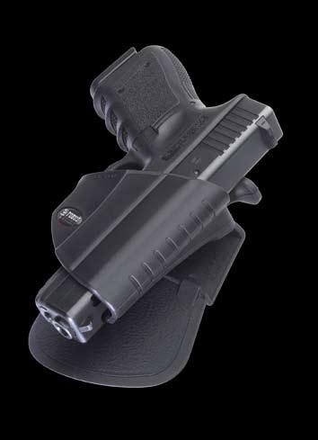 A revolutionary retention concept engages the trigger guard upon holstering to keep the handgun secure.