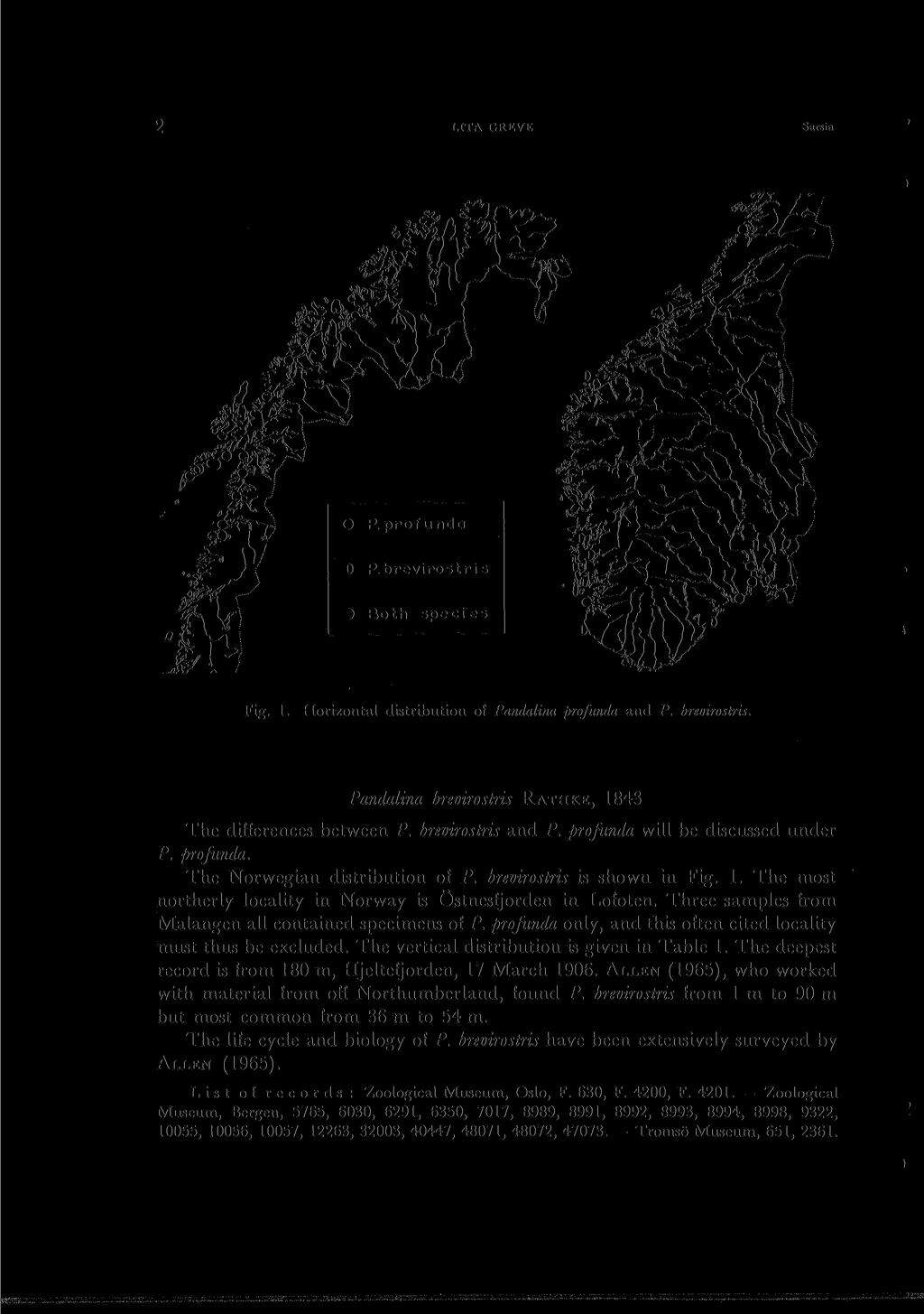 2 LITA GREVE Sarsia Fig. 1. Horizontal distribution of Pandalina profunda and P. brevirostris. Pandalina brevirostris RATHKE, 1843 The differences between P. brevirostris and P.