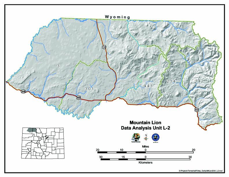 Mountain lion Data Analysis Unit (DAU) L-2 is located in northwest portion of the state, north of the towns of Maybell, Craig, and Steamboat Springs.