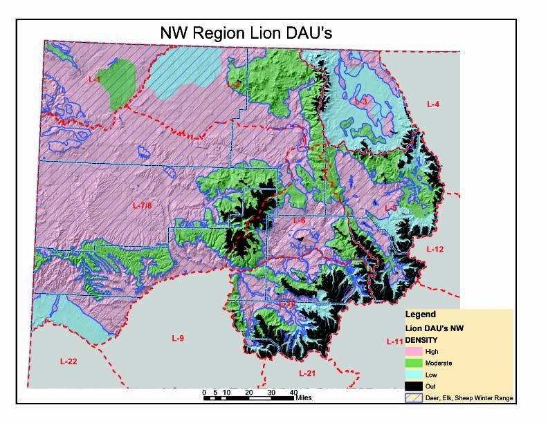 to high elevation portions of the DAU in the east, probable lion density estimates were applied to the areas of varying degrees of quality habitats.