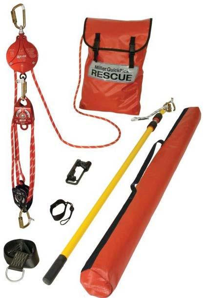 A Miller QuickPick Rescue Kit contains everything necessary for a rescue and only requires an overhead anchorage 1. Back-up braking system (only included with the premium kit) 2.