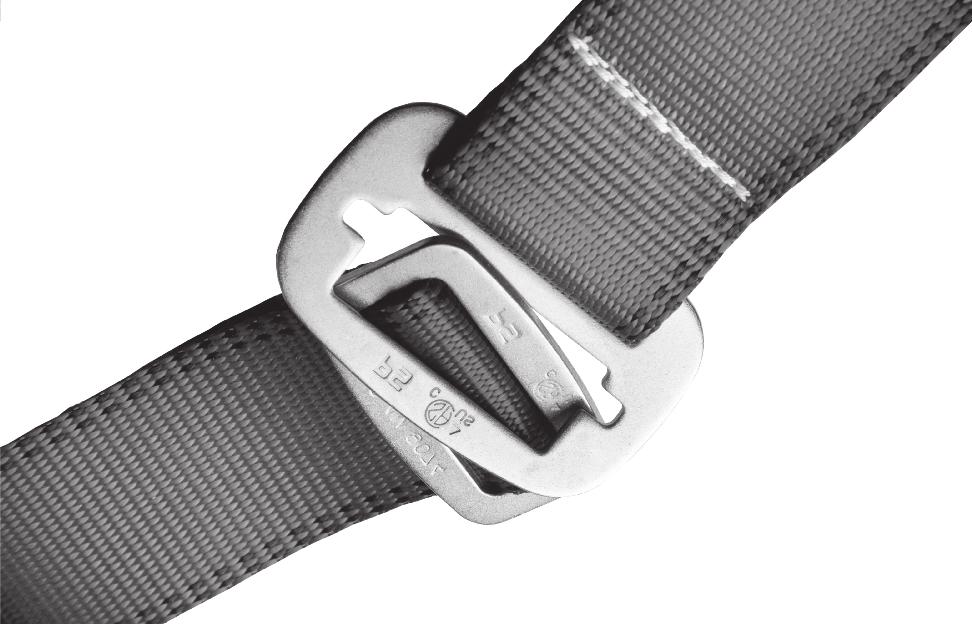 SPRING TENSION GLIDE BAR BUCKLES: Pull back spring loaded pressure plate to allow strap to slide past knurled bar.