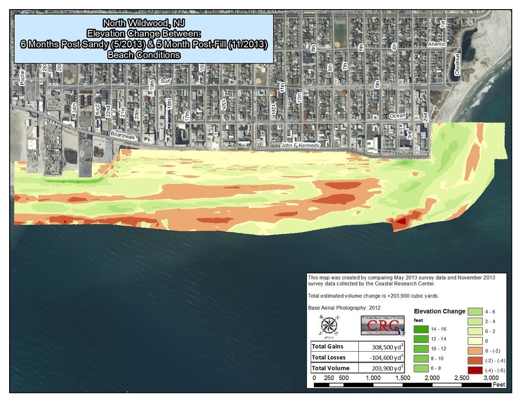 Figure 3. A digital elevation model for the North Wildwood City shoreline showing the conditions of the engineered beach 5 months following the 2013 project.