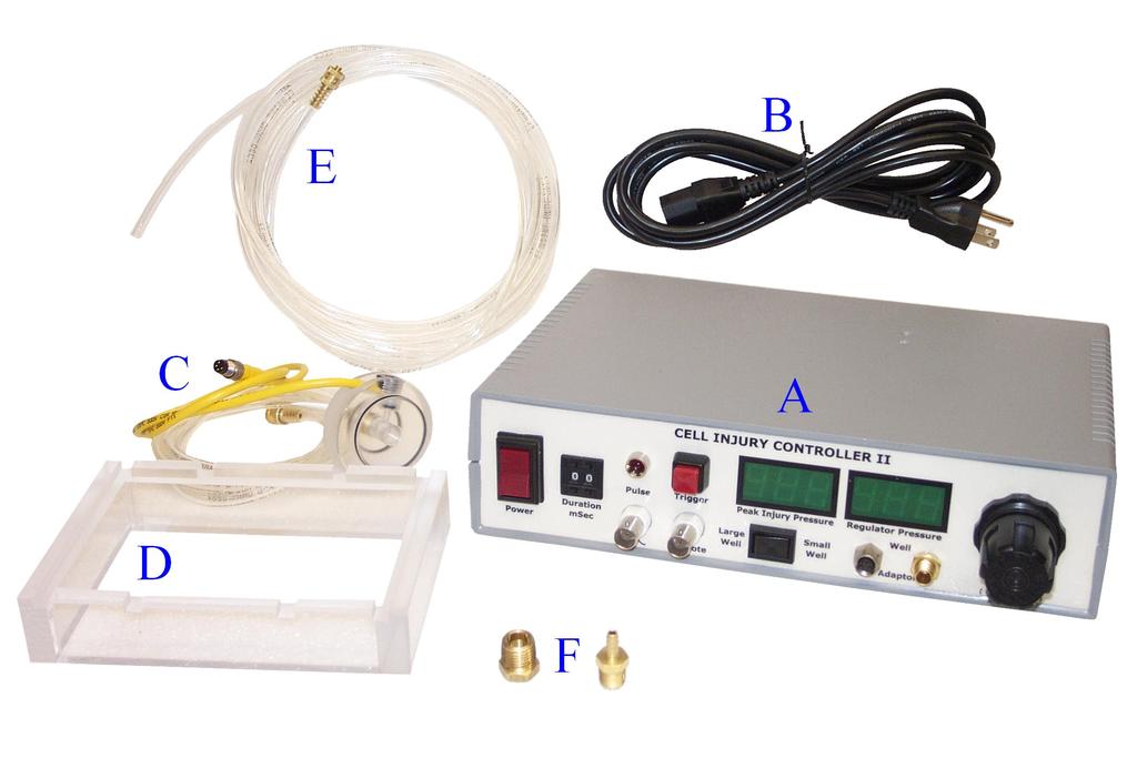 Components - The Cell Injury Controller II includes the components pictured below. A. Cell Injury Controller II D. Culture Tray Holder B. U.S. 115VAC CSA Power Cord E. Gas Source Connection Tubing C.