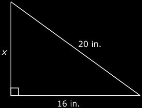 180. A right triangle is shown below. What is the measure of the missing side, x? A. 12 in. B. 18 in. C. 26 in. 181.