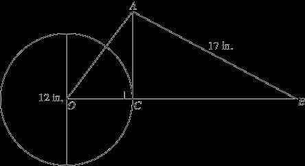 206. Triangle AOC intersects a circle with center O. Side AO is 10 inches (in.) and the diameter of the circle is 12 in., as shown below. What is the length of A. 10 inches B.