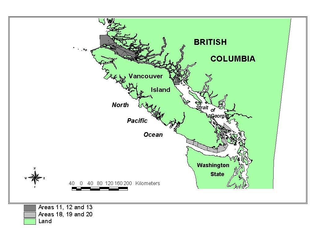 Figure 9. Map of southern BC showing the two main areas for green sea urchin fishing Queen Charlotte Strait and Gulf Islands (Perry 2006). Landings peaked in 1992 at 1,042 t and were worth $4.