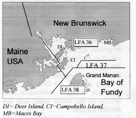 Figure 19. A map of the three fishing areas (LFA 36-38) for the New Brunswick green sea urchin fishery (DFO 2000b).