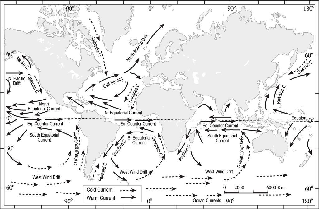 124 FUNDAMENTALS OF PHYSICAL GEOGRAPHY Fig.14.3 : Major currents in the Pacific, Atlantic and Indian oceans where the wind flow is mostly cyclonic, the oceanic circulation follows this pattern.
