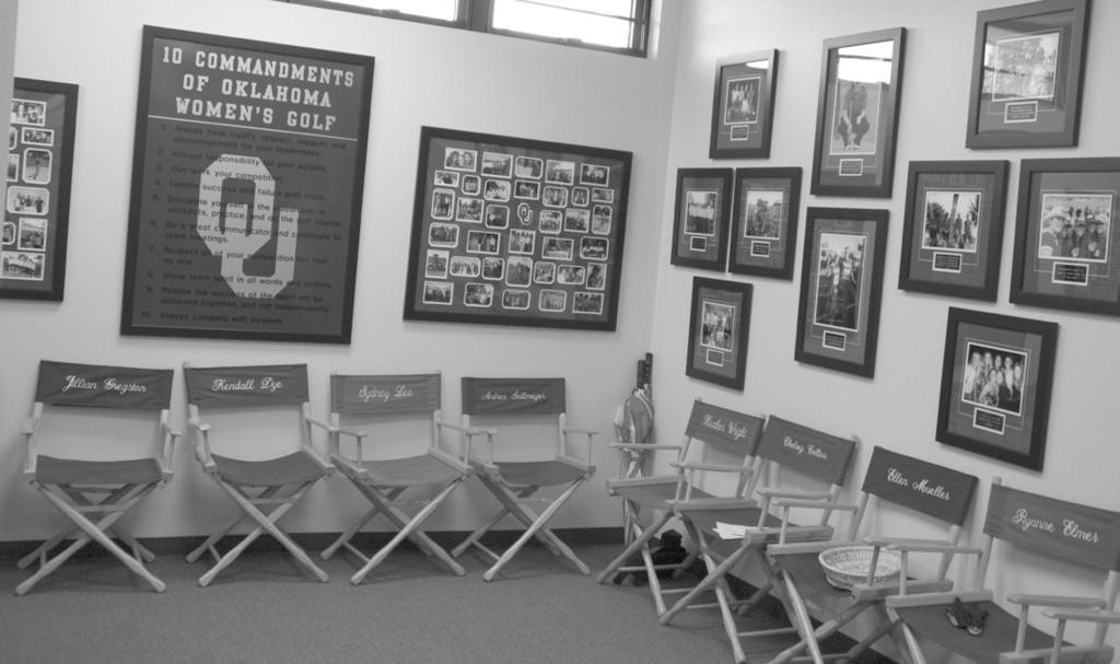 OKLAHOMA WOMEN S GOLF LOCKER ROOM Located inside the Charlie Coe Center, this part of the facility is outfitted with individually monogramed chairs and women s golf memorabilia.
