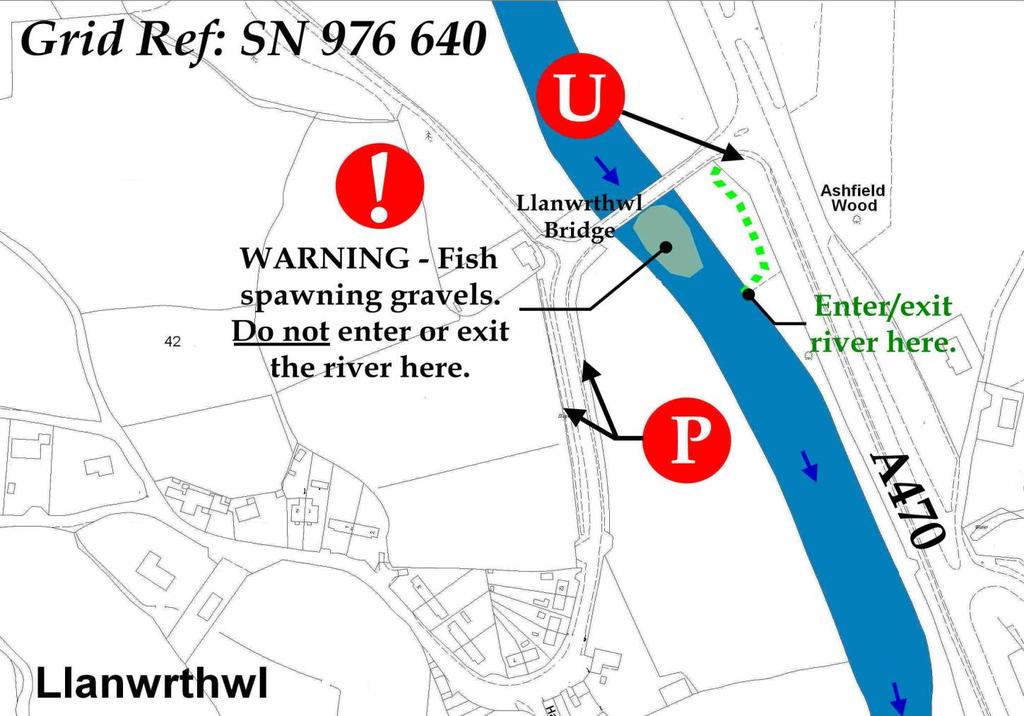 turn to Llanwrthwl. Access to the river is over a metal gate on your left from the main road side of the bridge. WARNING!