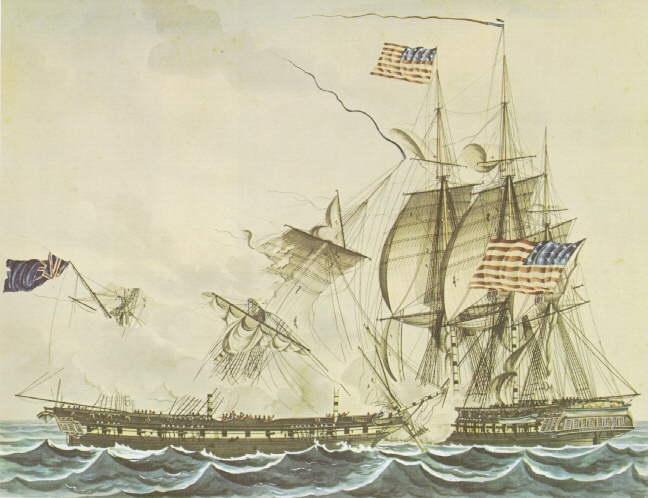 HMS Java and USS Constitution At four o clock, with Java helpless and unable to fire more than two or three guns, Constitution, also badly damaged, but with her masts and yards largely intact, hauled