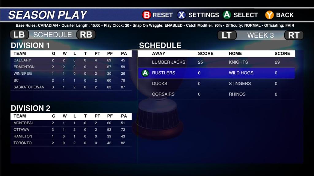 SEASON PLAY Canadian Football 2017 includes a full season play mode allowing you progress your favourite team through a complete season, including playoffs and the championship game should you get