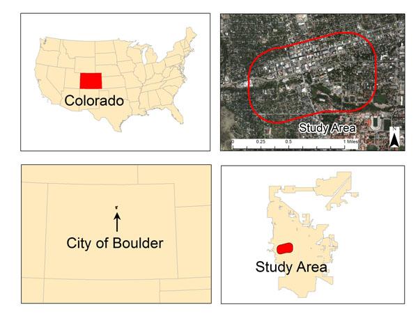 4 divides the study area, running almost parallel to Boulder Creek. The study area as well as its location in Boulder, Colorado is shown in Figure 1 below.