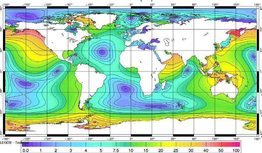 In the North Atlantic, the semi-diurnal M 2 tidal amplitude is of the order of 1 metre M 2 50 cm 150 cm K 1 10 cm 100 cm In the same basin, the diurnal K 1 tide does