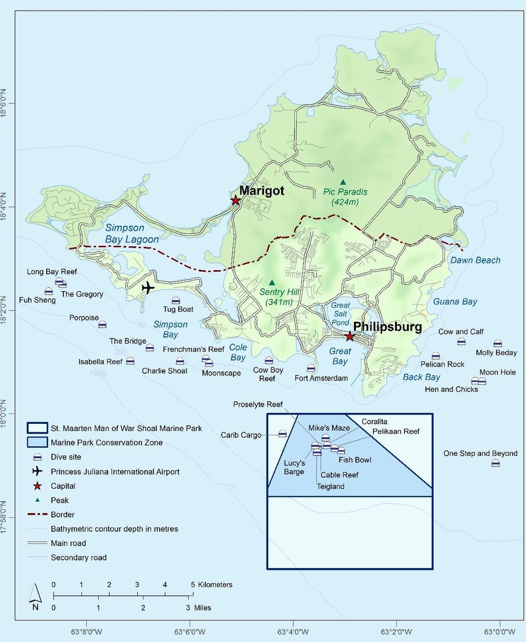 The Following dive sites still have an operational mooring after the passing of Hurricane Irma: 1. Proselyte Reef 2. Carib Cargo 3. Fishbowl 4. Gregory Map 1: St Maarten dive sites and their location.