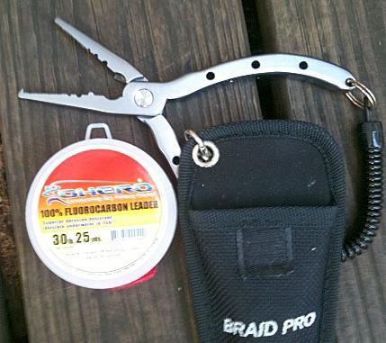 Ohero FluoroCarbon Leader is inexpensive and worth carrying. The "Braid Pro" pliers were $20 at one of the booths at the recent Frank Sargeant show; best twenty-bucks I've spent in a while.