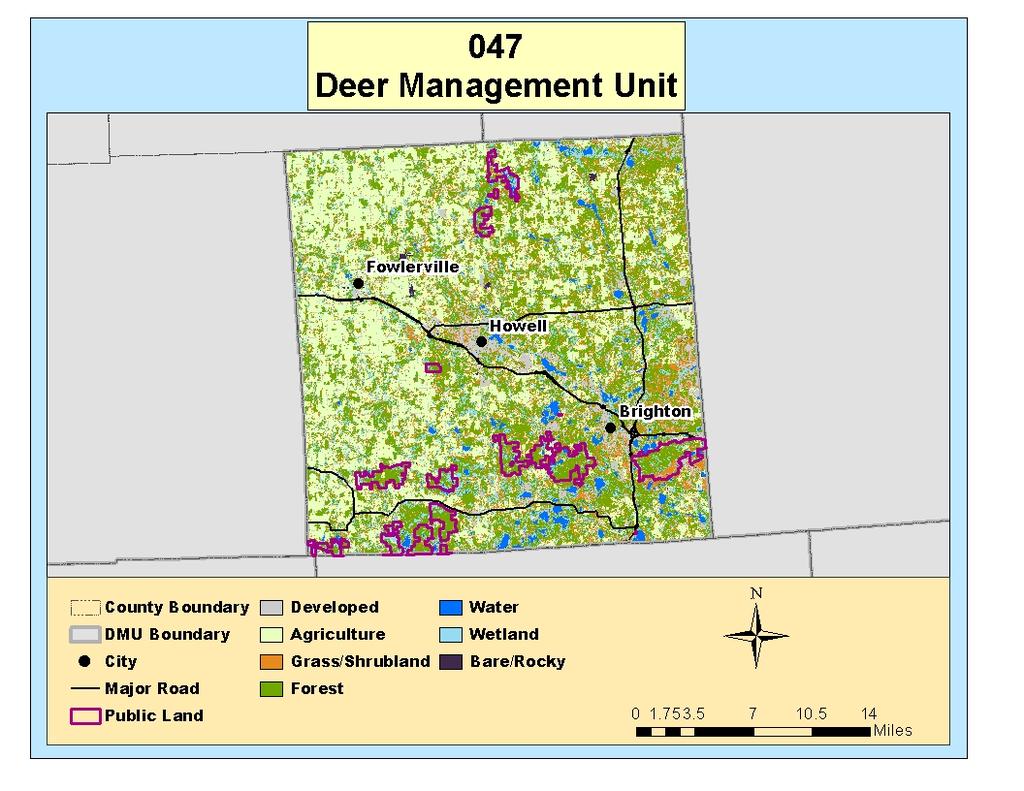 Figure 1. Habitat and land use distribution in Deer Management Unit 047. Habitat 047 047 Public Lands Forest (%) 32.7 62.2 Agriculture (%) 34.8 3.5 Grass/Shrubland (%) 11.4 9.7 Wetland (%) 10.3 19.