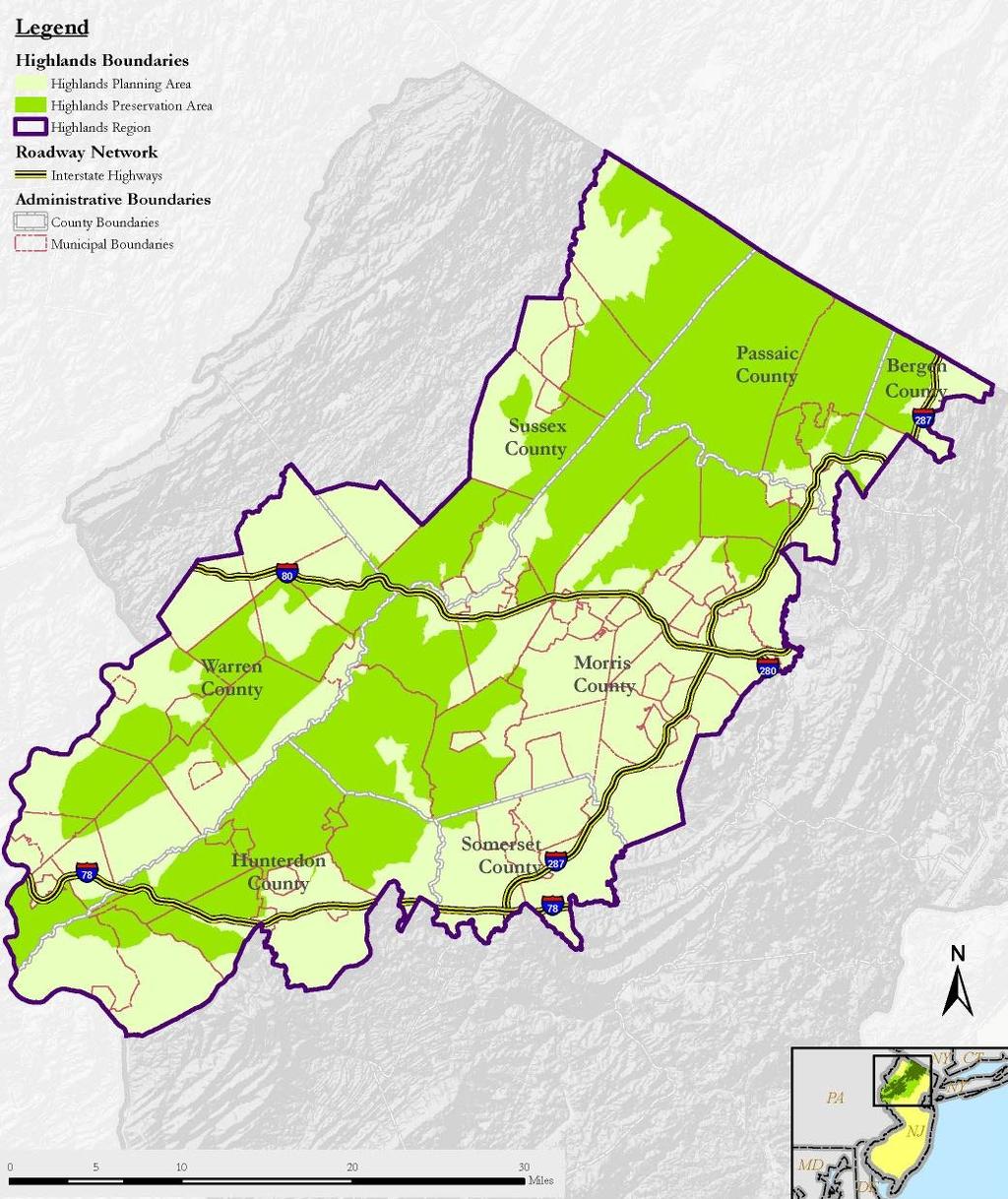 New Jersey Highlands 859,358 acres (1,343 square miles) 88 municipalities 7 counties Divided