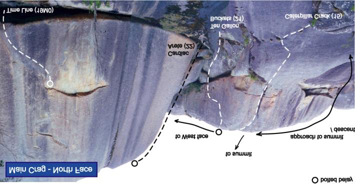 * Crystal Prophet (20, 22m) Start 4m R of El Coño up the long R edge of the huge exfoliation flake. Up this, then step R onto wall and past 2 BRs next to water runnel.