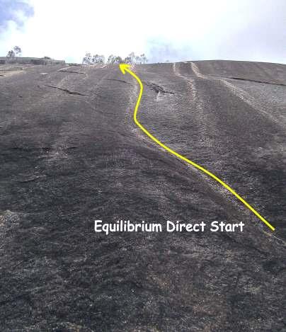 EQUILIBRIUM DIRECT START 39m 20 (route photo p57) Start 4m right of Equilibrium near the top of the large flake/block lying against the cliff.