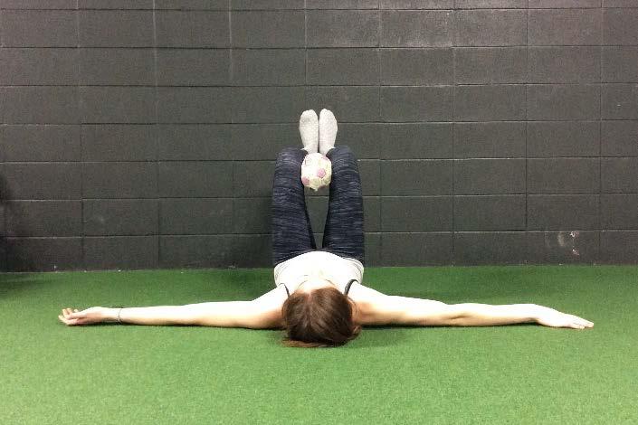 2 LOWER TRUNK ROTATION WITH STABLE SCAPS 1. Lie on your back with your arms straight out in a T-shape, feet off the ground, and knees bent to 90 degrees.