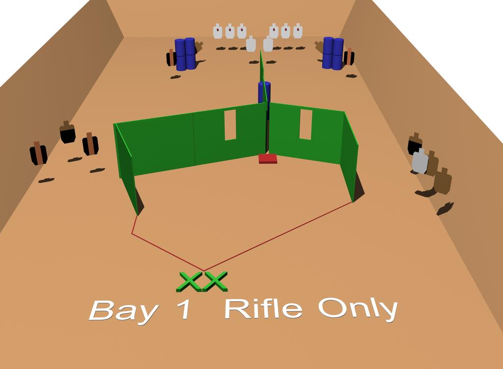 Stage 1 - Bay 1 Rifle Only START POSITION: Shooter starts outside shooting area, feet on X's facing down range. GUN READY POSITION: Rifle loaded, on safe, in the low ready condition.