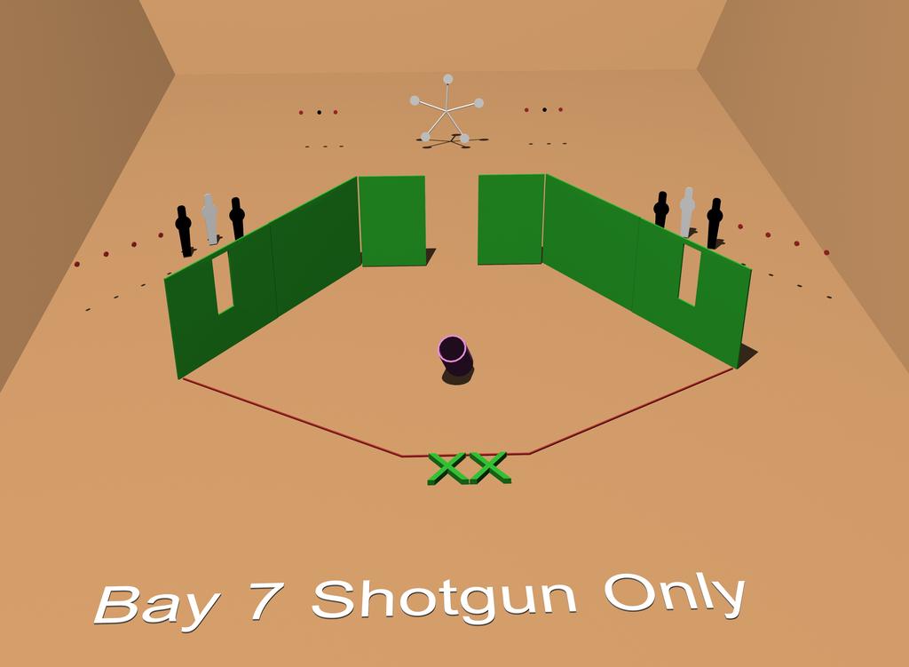 Stage 7 - Bay 7 Shotgun Only START POSITION: Shooter starts outside shooting area, feet on X's facing down range, hands relaxed at sides.