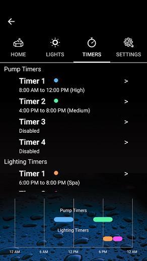 You can then select the LIGHTS page (if a compatible Connect LITE or Connect LITE+ is installed) or select the TIMERS page (if Timers Enabled was selected during Installation) The Chlorine set point
