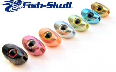 FISH SKULLS Fish Skulls are weighted heads with a realistic baitfish profile. These have a built in keel and 3D eyes. Hooks sizes recommended: Small No. 4-8 Pkg Small-Medium No.