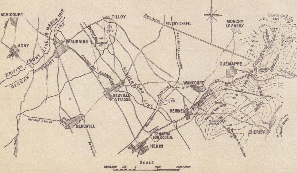 Figure 6: Map of the Mercatel sector in the Battle of Arras showing the relative positions of Mercatel, Neuville Vitasse, St Martin-sur-Cojeul and the Hindenburg Line On 7 th April 1917, at 1.
