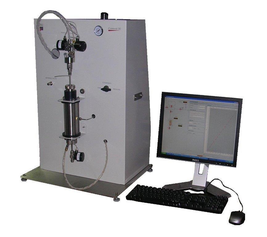 UNSTEADY STATE GAS PERMEAMETER AND POROSIMETER AT MODERATE CONFINING PRESSURE (COREVAL 30) The Coreval 30 instrument is dedicated to measure the porosity and permeability to helium/nitrogen of plug