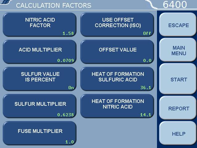 6400 Menu Descriptions 4 Calculation Factors: Accesses the Calculation Factors sub-menu, which provides for setting a number of options for the way the thermochemical corrections are applied.