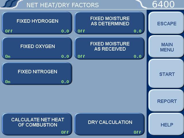 4 Menu Descriptions Net Heat/Dry Factors: Accesses the Net Heat/Dry Factors sub-menu, which provides for setting the net heat of combustion and Dry Factors Thermochemical Corrections.