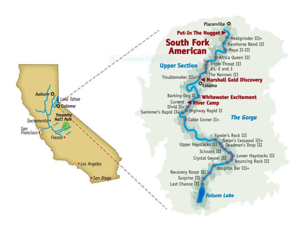 SOUTH FORK AMERICAN RIVER GORGE RUN TRIP INFORMATION Meeting Time: 10:00 am Meeting Place: Whitewater Excitement Camp 6580 Hwy 49, Lotus, CA 95651 GPS Coordinates: 38.817646, -120.