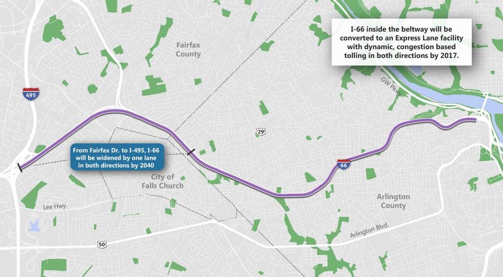 2015 CLRP Update: Additions and Changes Virginia I-66 Corridor Improvements inside the Beltway US Route 29 in Rosslyn to I-495 Length: 10 miles Complete: 2017 (tolling, multimodal), 2040 (widening)