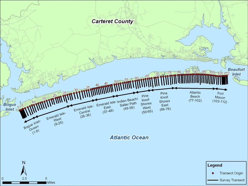 Figure : BBBNMP Survey Transect Locations and Regions.1. Sediment Data In 001, sediment along Bogue Banks was sampled by the USACE to determine native grain size. The results are presented in Table.