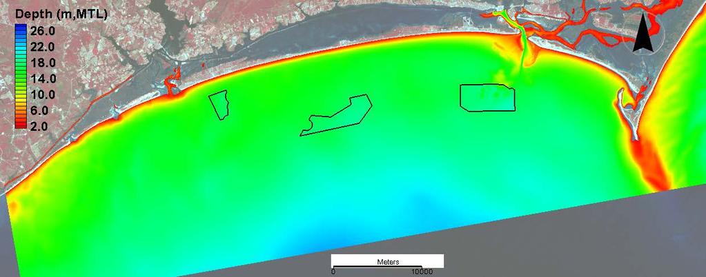 Figure 1 shows the modified bathymetry of the CMS-WAVE grid at the proposed borrow sites.