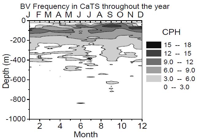 Figure 4. The annual cycle of Brunt-Vaisala frequency in the Caribbean Time Series Station (CaTS). A red line marks the 300 m depth.