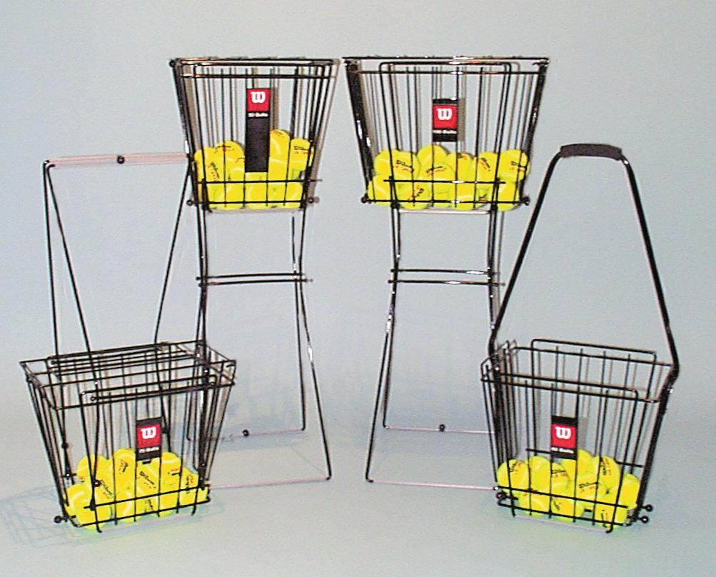 COURT ACCESSORIES BALL CADDIES AND CARTS WILSON BALL CADDIES (From Left) Wilson Ball Caddies feature a rod made of a pliant material (Patent 6,945,578 B2) that ﬂexes slightly as you pick up balls,