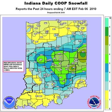 Fig. 6: one day and storm total snowfall in Indiana for the IOP-17 cyclone Storm total snowfall reported by news organization These totals are preliminary.