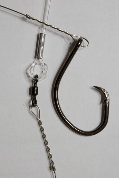 ) AFW Stainless Single Strand Wire 18/0 Eagle Claw Shark Circle Hook (L2045) 350 lb. QuickRig Ball Bearing Corkscrew Swivel Mono Shark Rigs - $15 Main Line - 10 400 lb.