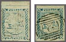 greyish blue, later impression, Plate I, position 24, a fine corner marginal used example from lower right of sheet, good margins all round, cancelled by "62" numeral obliterator of